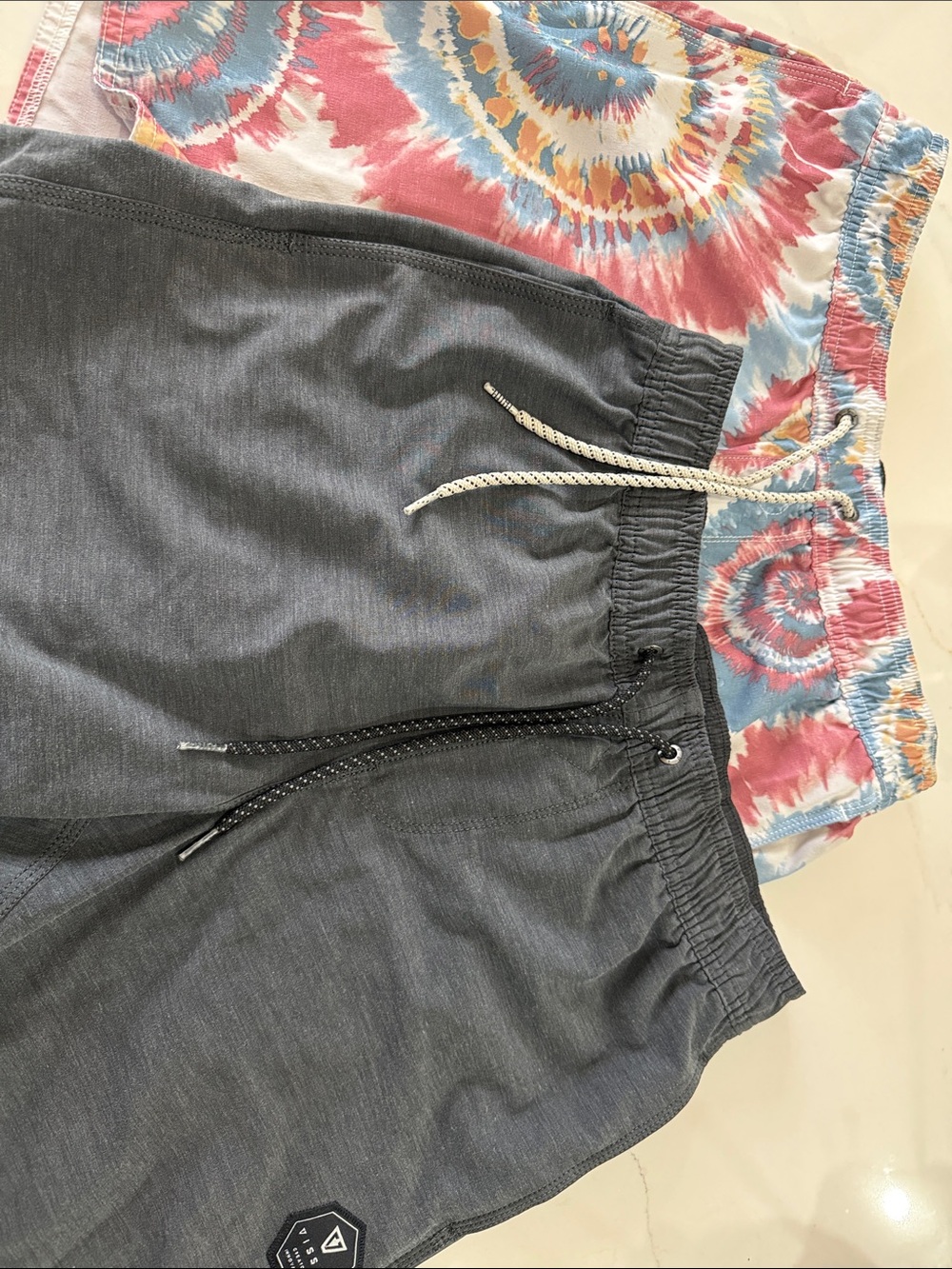 2 pairs of VISSLA Men's Athletic Shorts — Gray and Tie-Dye Pink/Blue